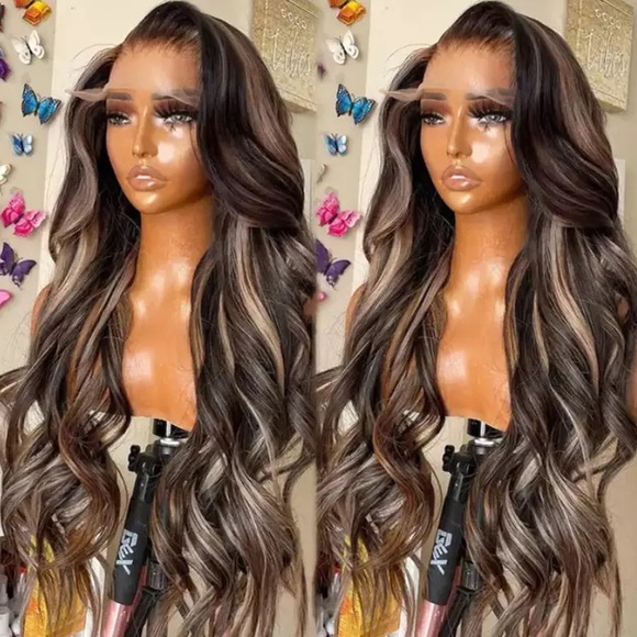 13x4 Transparent Lace Front Peek A Boo Blonde Highlights Body Wave Black Wig